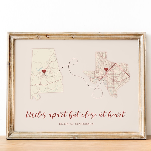 Going Away Gift, Valentines Gift, Custom Moving Away Gift Print, Best Friend Gift, Ldr, Two State Map, Family Gift, Far Away Gift