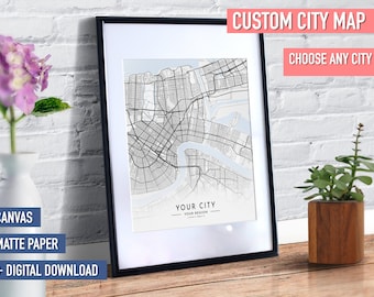 Aangepaste kaart afdrukken, digitale poster downloaden, afdrukbare kunst aan de muur, kies stadsplattegrond, aangepaste kaart Wall Art Print, gepersonaliseerde kaart, kaart kunst aan de muur