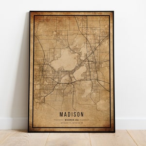 Madison Vintage Map Poster, Madison Old Map, Grunge Madison Map, Wisconsin Old Decor, Madison City Maps Print, Canvas