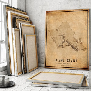 Cartaz do mapa vintage da ilha de O'ahu, mapa antigo da ilha de O'ahu, mapa da ilha de O'ahu grunge, decoração antiga havaiana, impressão de mapas da ilha de O'ahu, tela imagem 2