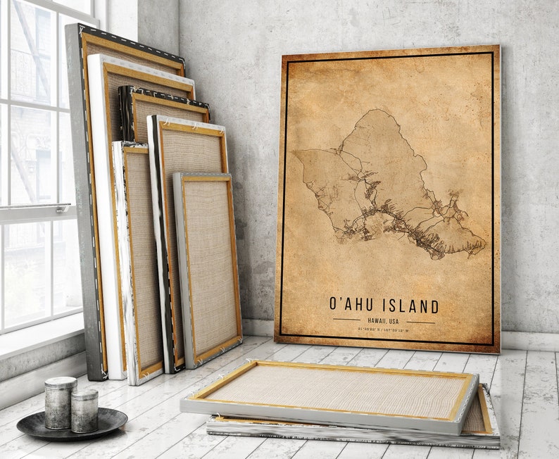 Cartaz do mapa vintage da ilha de O'ahu, mapa antigo da ilha de O'ahu, mapa da ilha de O'ahu grunge, decoração antiga havaiana, impressão de mapas da ilha de O'ahu, tela imagem 2