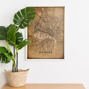 Póster de mapa Vintage de Richmond, mapa antiguo de Grunge, decoración antigua de Virginia, mapas de la ciudad de Richmond, lienzo impreso