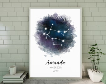 May include: A watercolor print featuring the Gemini constellation in a dark blue and purple galaxy with white stars. The print includes the name Amanda, the date May 29, 2020, and the zodiac sign Gemini.