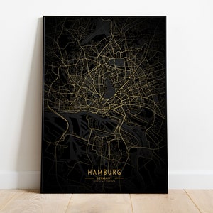 Póster de mapa de oro de Hamburgo, Cartel de la ciudad de Hamburgo, Mapa de Hamburgo imprimible, Mapa de la ciudad de regalo de Alemania, Mapa de oro y negro de Hamburgo, Mapa de lienzo de Hamburgo
