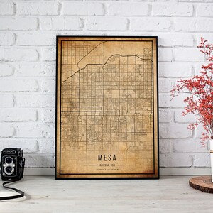 Affiche de carte vintage Mesa, Carte ancienne De Mesa, Carte Grunge Mesa, Old Decor de l’Arizona, Mesa Rustic Wall Art, Mesa City Maps Print, Toile
