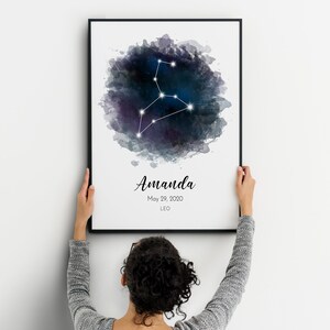 Leo Zodiac Poster Aquarel, Zodiac Print Poster, Nieuwe Baby Cadeau, Leo Star Sign, Aangepaste verjaardagscadeau, Astrologie Poster Valentijnsdag Cadeau