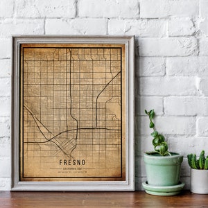 Fresno Vintage Map Poster, Fresno Old Map, Grunge Fresno Map, California Old Decor, Fresno Rustic Wall Art, Fresno City Maps Print, Canvas