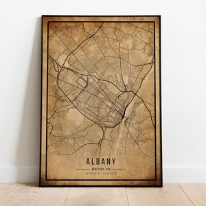 Cartaz do mapa vintage de Albany, mapa antigo de Albany, mapa grunge de Albany, decoração antiga de Nova York, impressão de mapas da cidade de Albany, tela