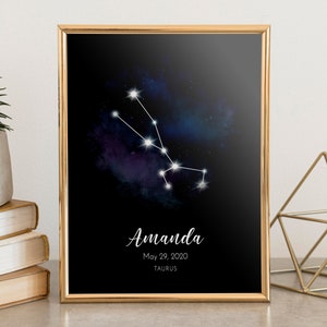 Stier Sternzeichen Poster Aquarell, Sternzeichen Druck Poster, Neues Baby Geschenk, Stier Sternzeichen, Personalisiertes Geburtstagsgeschenk, Astrologie Poster