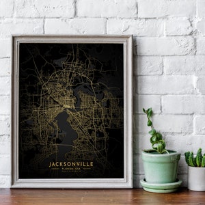 Jacksonville gouden kaart afdrukken, Jacksonville stadskaart, Jacksonville kaart poster, gouden en zwarte kaart, Jacksonville print stratenplan decor, canvas