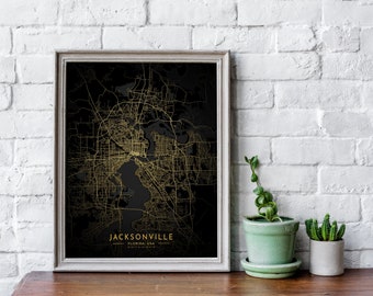 Jacksonville Gold Map Print, Jacksonville City Map, Jacksonville Map Poster, Gold and Black Map, Jacksonville Print Street Map Decor, Canvas