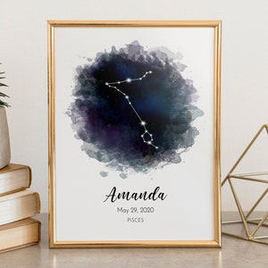 Fische Sternzeichen Poster Aquarell, Sternzeichen Druck Poster, Neues Baby Geschenk, Fische Sternzeichen, Personalisiertes Geburtstagsgeschenk, Astrologie Poster