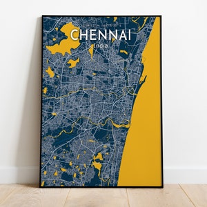 Cartaz do mapa azul de Chennai, impressão moderna do mapa da cidade de Chennai, tela do mapa da Índia do sinal da cidade de Chennai, pôster de casa de Chennai, presente de inauguração