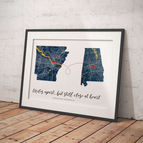 Going Away Gift, Custom Moving Away Gift Print, Best Friend Gift, LDR, Print place card, Two State Maps, Family Gift, Far Away Gifts