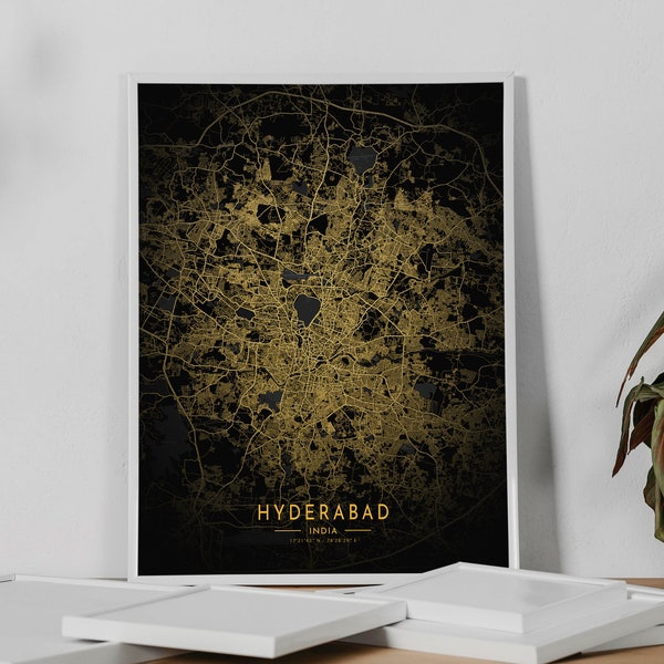 Hyderabad Map Poster, Hyderabad City Gold Map Poster, Hyderabad Canvas, India Map Print