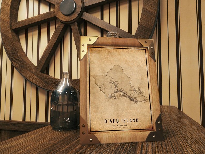 Cartaz do mapa vintage da ilha de O'ahu, mapa antigo da ilha de O'ahu, mapa da ilha de O'ahu grunge, decoração antiga havaiana, impressão de mapas da ilha de O'ahu, tela imagem 5
