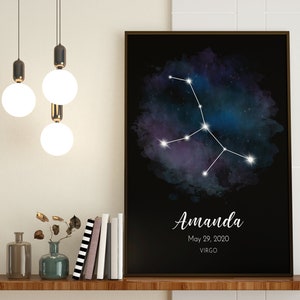 Aquarelle de l’affiche du zodiaque de la Vierge, affiche imprimée du zodiaque, nouveau cadeau de bébé, signe des étoiles de la Vierge, cadeau d’anniversaire personnalisé, affiches astrologiques