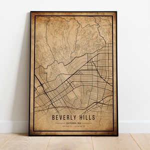 Póster de mapa vintage de Beverly Hills, Mapa antiguo de Beverly Hills, Mapa de Grunge Beverly Hills, Decoración antigua de California, Mapas de la ciudad de Beverly Hills Imprimir
