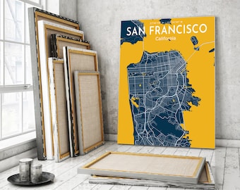 Cartaz do mapa azul de São Francisco, cartaz do mapa azul da cidade de São Francisco, sinal da cidade de São Francisco, impressão do mapa da cidade da Califórnia, cartaz de São Francisco