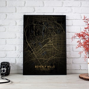 Beverly Hills kaart poster, kaart van Beverly Hills, gouden kaart van Beverly Hills, kaart van Beverly Hills kaart afdrukken, goud en zwarte kaart, decor van het huis van Beverly Hills