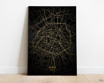 Paris Gold Map Poster, Paris Black Gold Map Art, Paris City Map Poster, France City Map Print, Printable Paris Map Art