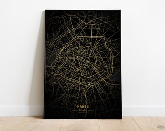 Paris Gold Map Art Poster, Black France City Map Print
