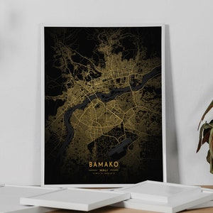 Affiche de carte personnalisée de Bamako, affiche de la ville de Bamako, carte de Bamako imprimable, carte de la ville de Mali Gift, cartes or et noir, carte imprimée de Bamako