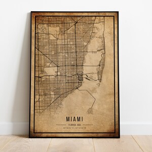 Miami Vintage Karte Poster, Miami alte Karte, Grunge Miami Karte, Florida altes Dekor, rustikale Wandkunst, Miami City Karten Printwalldekor, Leinwand