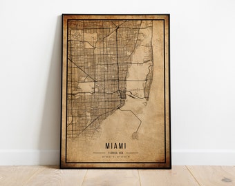Vintage Miami Map Poster, Grunge Style, Florida City Art