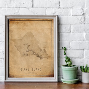 Póster de mapa vintage de la isla de O'ahu, Mapa antiguo de la isla de O'ahu, Mapa de la isla de Grunge O'ahu, Decoración antigua de Hawai, Impresión de mapas de la isla de O'ahu, Lienzo