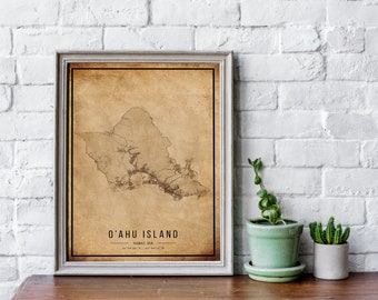 Cartaz do mapa vintage da ilha de O'ahu, mapa antigo da ilha de O'ahu, mapa da ilha de O'ahu grunge, decoração antiga havaiana, impressão de mapas da ilha de O'ahu, tela