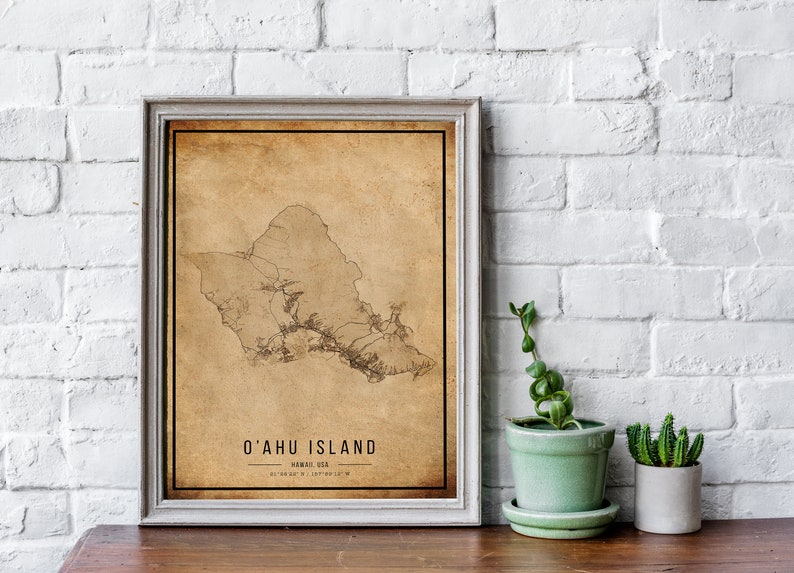 Cartaz do mapa vintage da ilha de O'ahu, mapa antigo da ilha de O'ahu, mapa da ilha de O'ahu grunge, decoração antiga havaiana, impressão de mapas da ilha de O'ahu, tela imagem 1