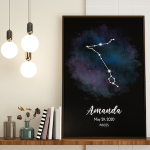 Fische Sternzeichen Poster Aquarell, Sternzeichen Druck Poster, Neues Baby Geschenk, Fische Sternzeichen, Personalisiertes Geburtstagsgeschenk, Astrologie Poster