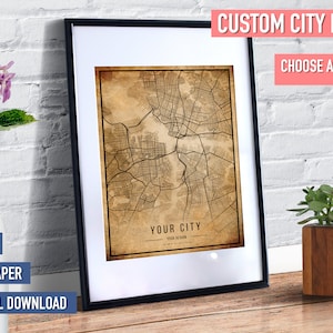 Aangepaste oude kaart afdrukken, kaart poster downloaden, afdrukbare kunst aan de muur, kies stadsplattegrond, aangepaste kaart Wall Art Print, gepersonaliseerde kaart, kaart kunst aan de muur