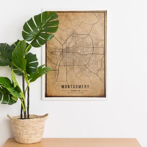 Montgomery Vintage Karte Poster, Montgomery Alte Karte, Grunge Montgomery Karte, Alabama Altes Dekor, Montgomery Stadtplan Druck, Leinwand