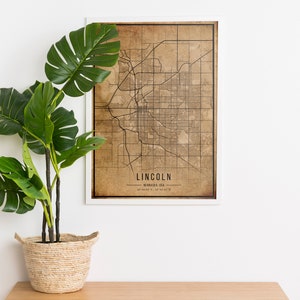 Lincoln Vintage Map Poster, Lincoln Old Map, Grunge Lincoln Map, Nebraska Old Decor, Lincoln City Maps Print, Canvas
