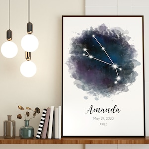 Aquarelle de l’affiche Bélier, affiche imprimée du zodiaque, nouveau cadeau de bébé, signe astrologique, cadeau d’anniversaire personnalisé, affiche astrologique cadeau de Saint-Valentin
