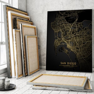 San Diego Map Poster, San Diego City Map, San Diego Gold Map, San Diego Map Print, Gold And Black Map, San Diego Home Decor, Canvas