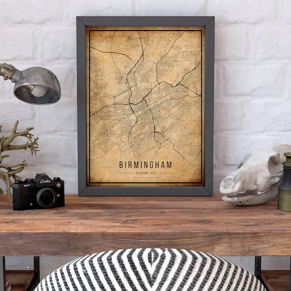 Birmingham Vintage Map Poster, Birmingham Old Map, Grunge Birmingham Map, Alabama Old Decor, Birmingham City Maps Print, Canvas