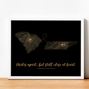Cadeau de départ, Impression personnalisée de cadeau de déménagement, Cadeau de carte scintillante, Relation longue distance, Carte de deux États, Cadeau de famille, Cadeau de pays lointains