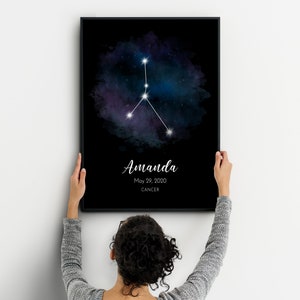 Affiche Cancer Aquarelle Noir, Affiche imprimée du zodiaque, Nouveau cadeau de bébé, Signe astrologique du cancer, Cadeau d’anniversaire personnalisé, Affiche astrologique
