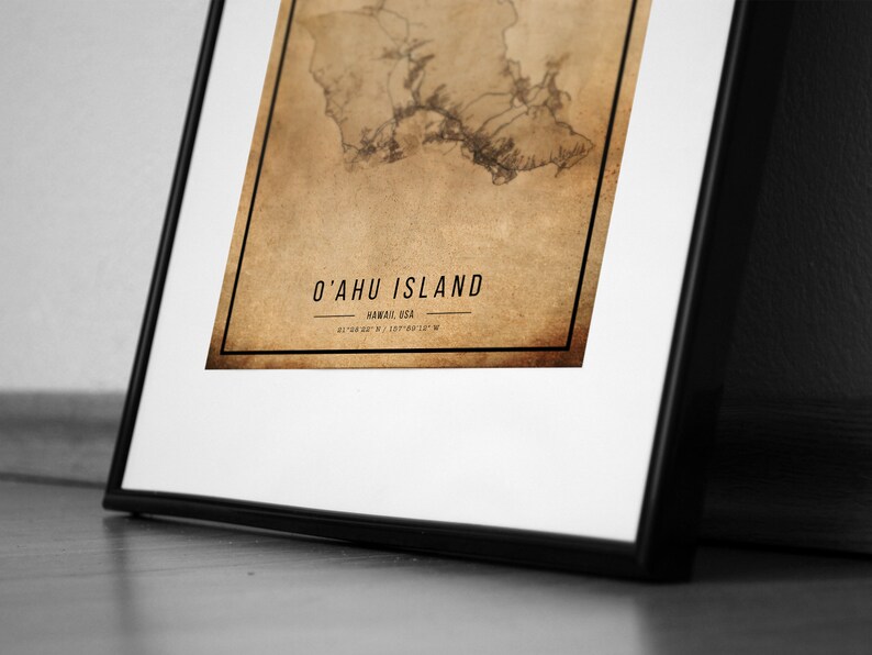 Cartaz do mapa vintage da ilha de O'ahu, mapa antigo da ilha de O'ahu, mapa da ilha de O'ahu grunge, decoração antiga havaiana, impressão de mapas da ilha de O'ahu, tela imagem 9