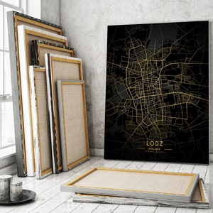 Póster del mapa de oro de Lodz, Póster de la ciudad de Lodz, Mapa de Lodz imprimible, Mapa de la ciudad de regalo de Polonia, Mapa de oro y negro de Lodz, Mapa de lienzo de Lodz