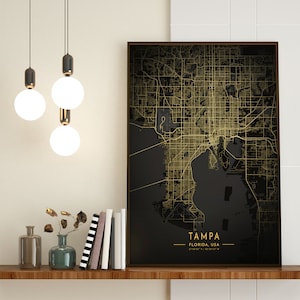 Tampa kaart poster, Tampa City gouden kaart poster, Tampa canvas, Florida kaart afdrukken, Tampa glitter goud en zwarte kaart