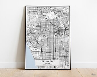 May include: Black and white map print of Los Angeles, California. The map shows the city's street grid and major landmarks. The title "Los Angeles, California" is printed at the bottom of the map.