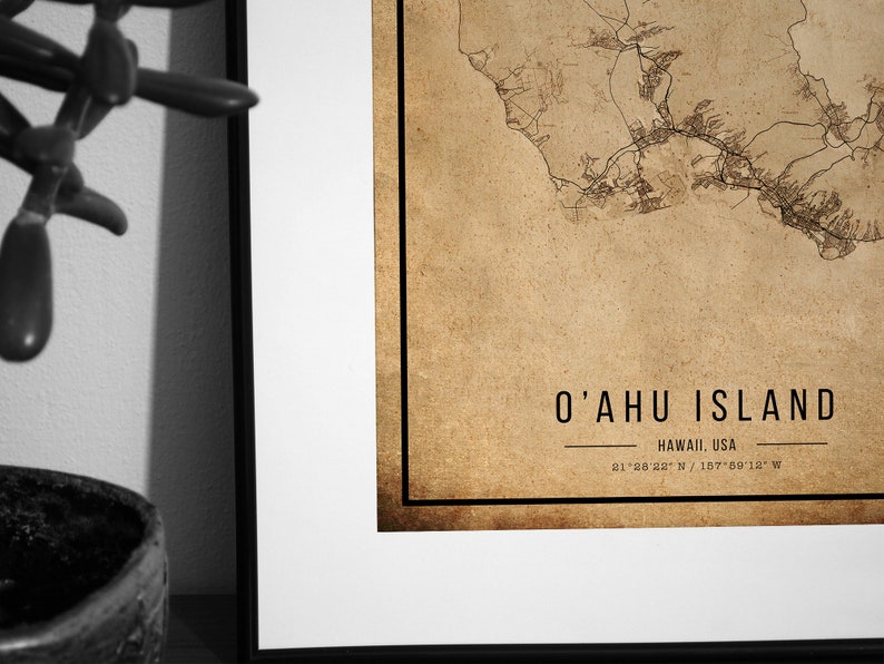 Cartaz do mapa vintage da ilha de O'ahu, mapa antigo da ilha de O'ahu, mapa da ilha de O'ahu grunge, decoração antiga havaiana, impressão de mapas da ilha de O'ahu, tela imagem 8