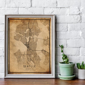 Póster de mapa antiguo de Seattle, mapa antiguo de Seattle, mapa grunge de Seattle, decoración antigua de Washington, arte de pared rústico, lienzo impreso con mapas de la ciudad de Seattle