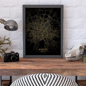 Pôster do mapa dourado de Munique, pôster da cidade de Munique, mapa de Munique para impressão, mapa da cidade para presente da Alemanha, mapa dourado e preto de Munique, mapa impresso de Munique