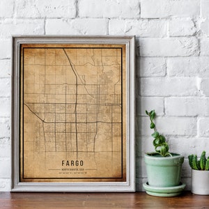 Fargo Vintage Map Poster, Fargo Old Map, Grunge Fargo Map, North Dakota Old Decor, Fargo City Maps Print, Canvas