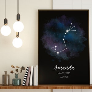 Skorpsa Sternzeichen Poster Aquarell, Sternzeichen Druck Poster, Neues Baby Geschenk, Skorpsion Sternzeichen, Personalisiertes Geburtstagsgeschenk, Astrologie Poster